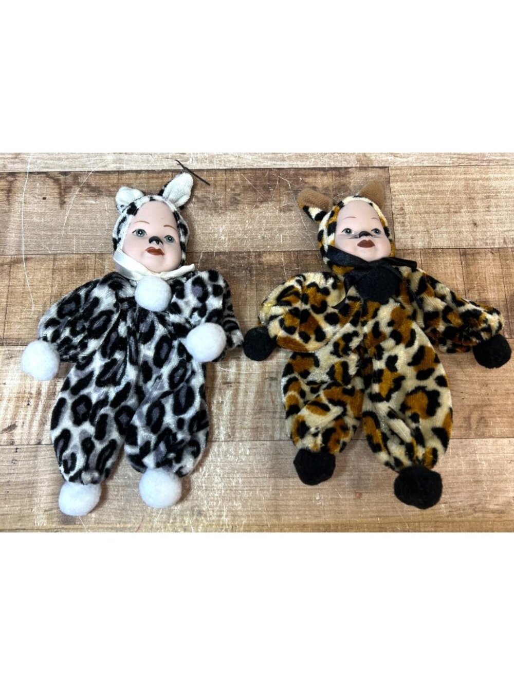Pair Of Porcelain Face Plush Leopard Print Dolls With Cat Ears & Ribbon Accents